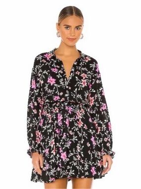 Free People Black Floral Long Sleeve Mini Dress with Pink Accents